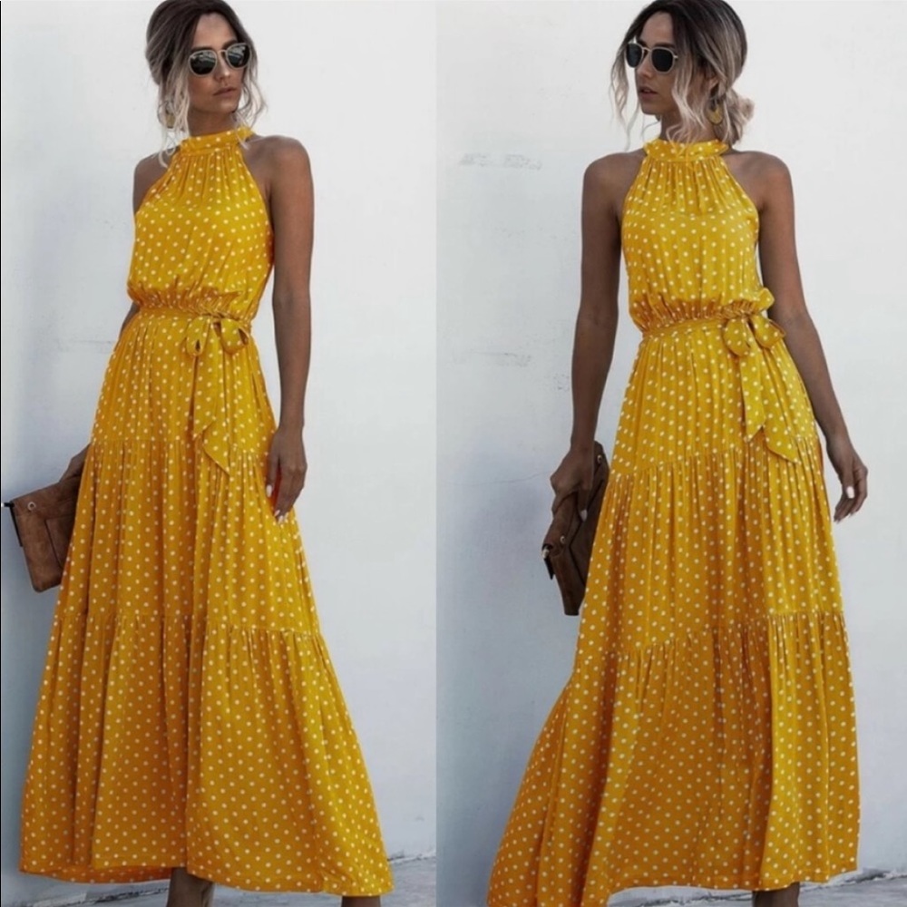 Boho Dot Belted Halter Maxi Dress